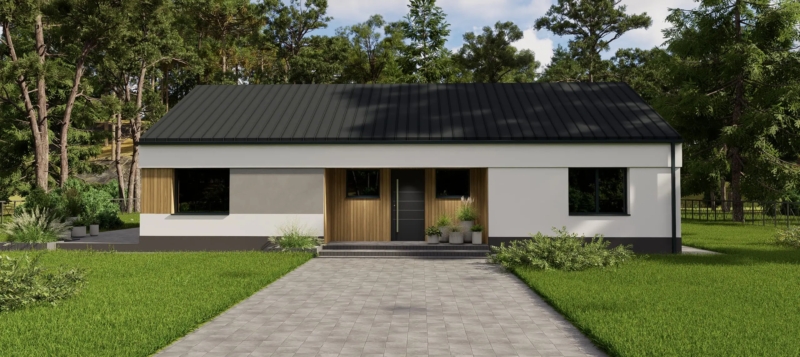 Dom parterowy 108 m2 – wizualizacja elewacji frontowej