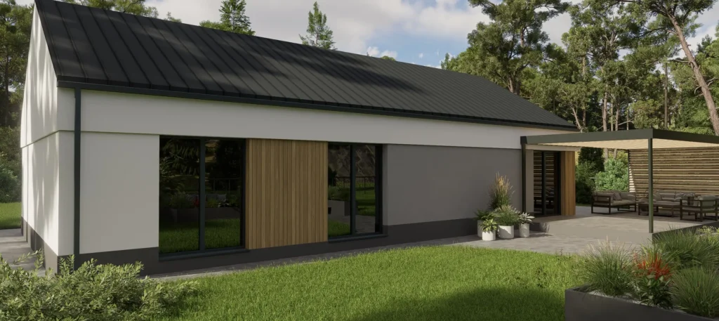 Projekt domu 108 m2 – widok elewacji od ogrodu