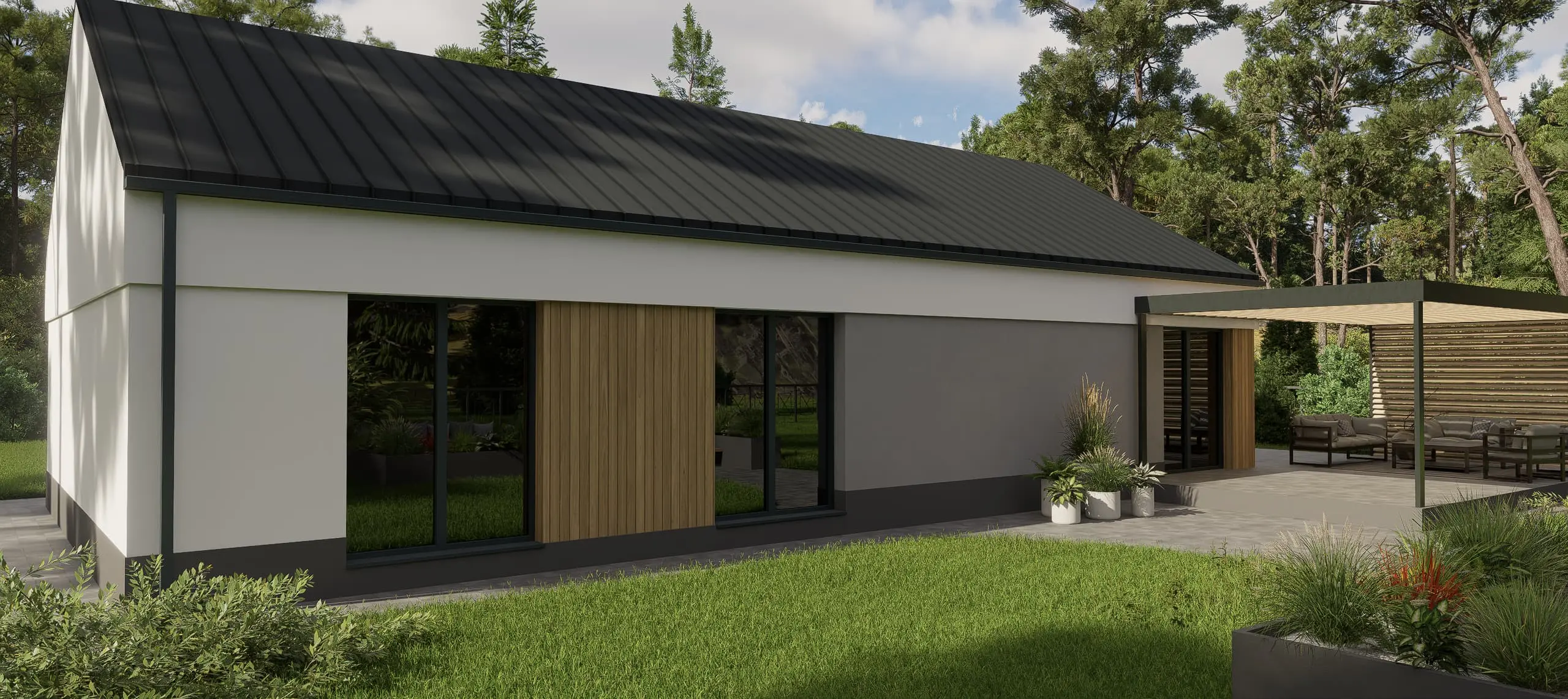 Projekt domu 108 m2 – widok elewacji od ogrodu